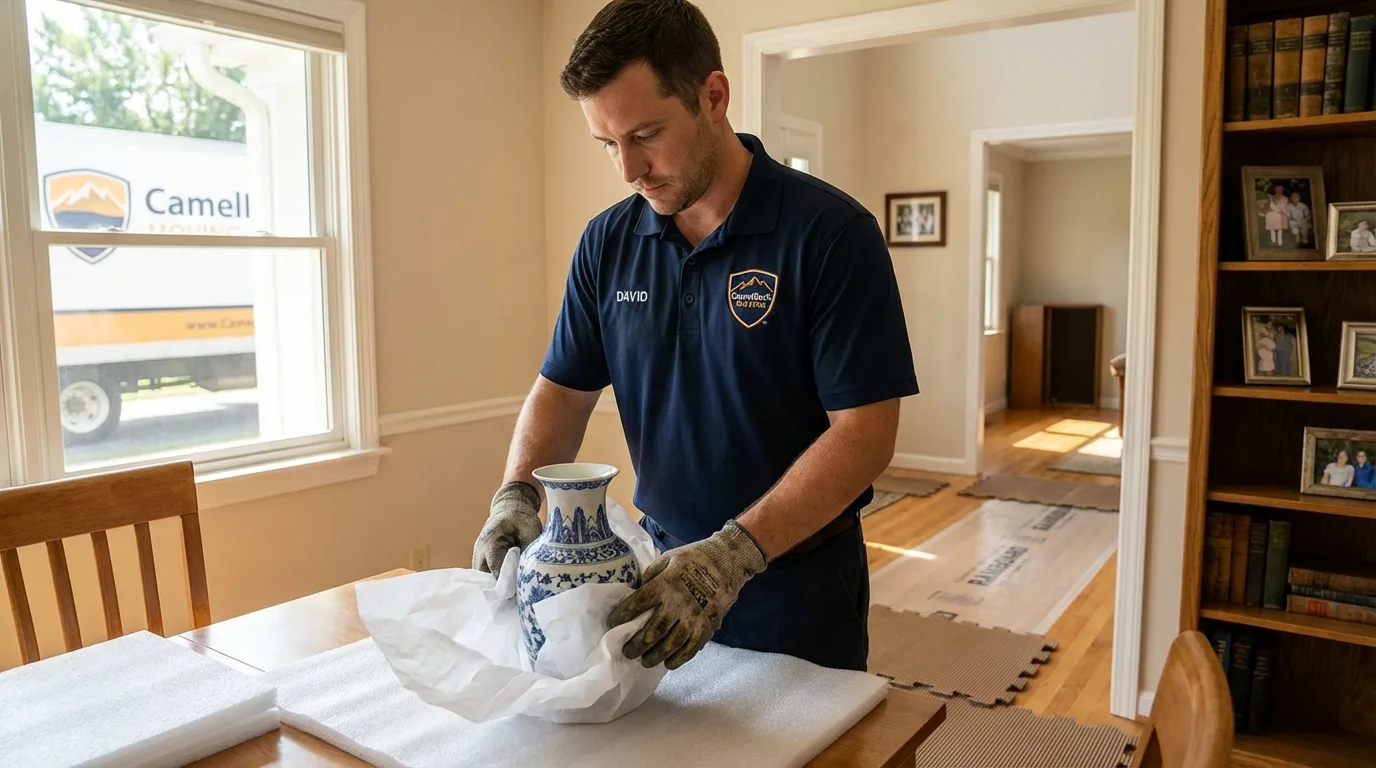 Professional crew carefully wrapping antique vase for senior downsizing move in Silt, CO